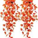 2 Pack Artificial Fall Plants Hanging Orange Vines Potted Fall Foliage Fake Pothos Trailing Plant Autumn Decoration for Indoor Outdoor Thanksgiving Bathroom Wall Kitchen Room Shelf Decor (Black Pot)