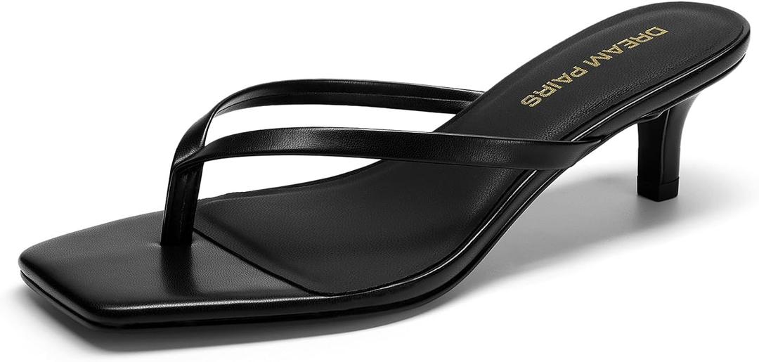 DREAM PAIRS Kitten Heels for Women Flip Flop Low Heels Square Open Toe Sandals Thong 1.96 Inch Heeled Sandals for Summer Vocation (7.5, Black)