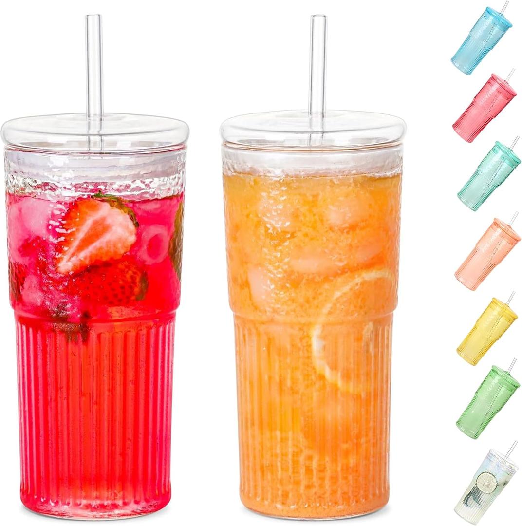 Glass Cups With Lids and Glass Straws20 OZ High Borosilicate Glass Tumbler Iced Coffee Water Smoothie (Clear)