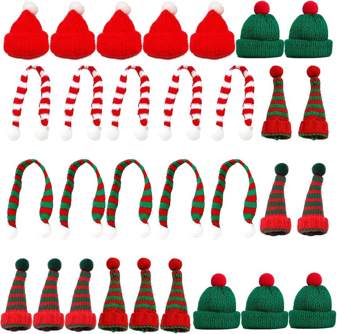 30 Packs Mini Santa Hats for Crafts, Holiday Knit Set with Tiny Santa Hats and Scarves, Christmas Tree Decorations and Doll Accessories, Green Red Striped Mini Snowman hats for Crafts and DIY Projects