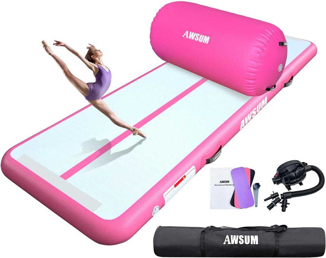 AWSUM Inflatable Air Gymnastics Mat 10ft/13ft/16ft/20ft/23ft Training mat 4/8 inches Thick tumbling mat with Electric Pump for Home/Gym/Outdoor (Pink+air roller)