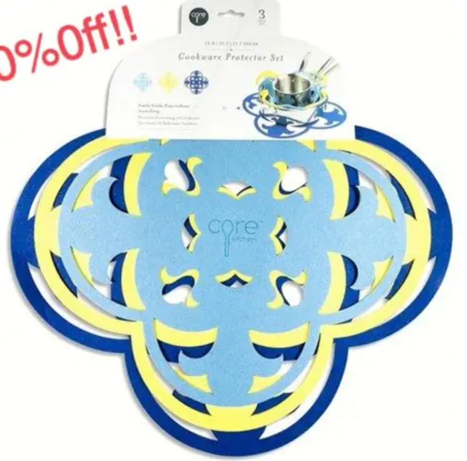 Core Kitchen 3-Piece Set Cookware Protectors, Laser Cut Felt Pot and Pan Protectors for Stacking and Kitchen Organization - Quatrefoil - Haze