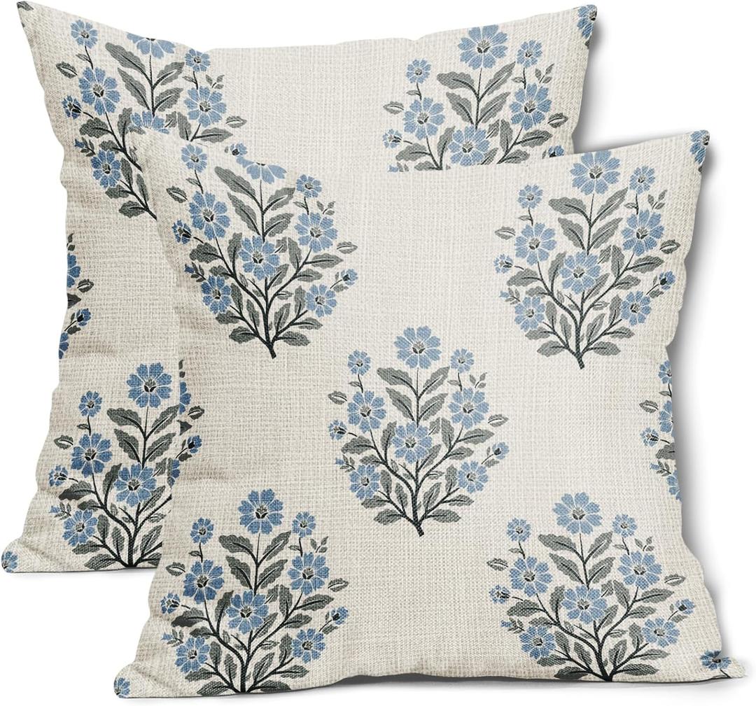 Grandmillennial Pillow Covers 16x16 Inch Set of 2 Blue Floral Block Print Cotton Linen Decorative Throw Pillow Case Grand Millennial Cushion Cover for Bedroom Sofa Living Room Chair Home Decor
