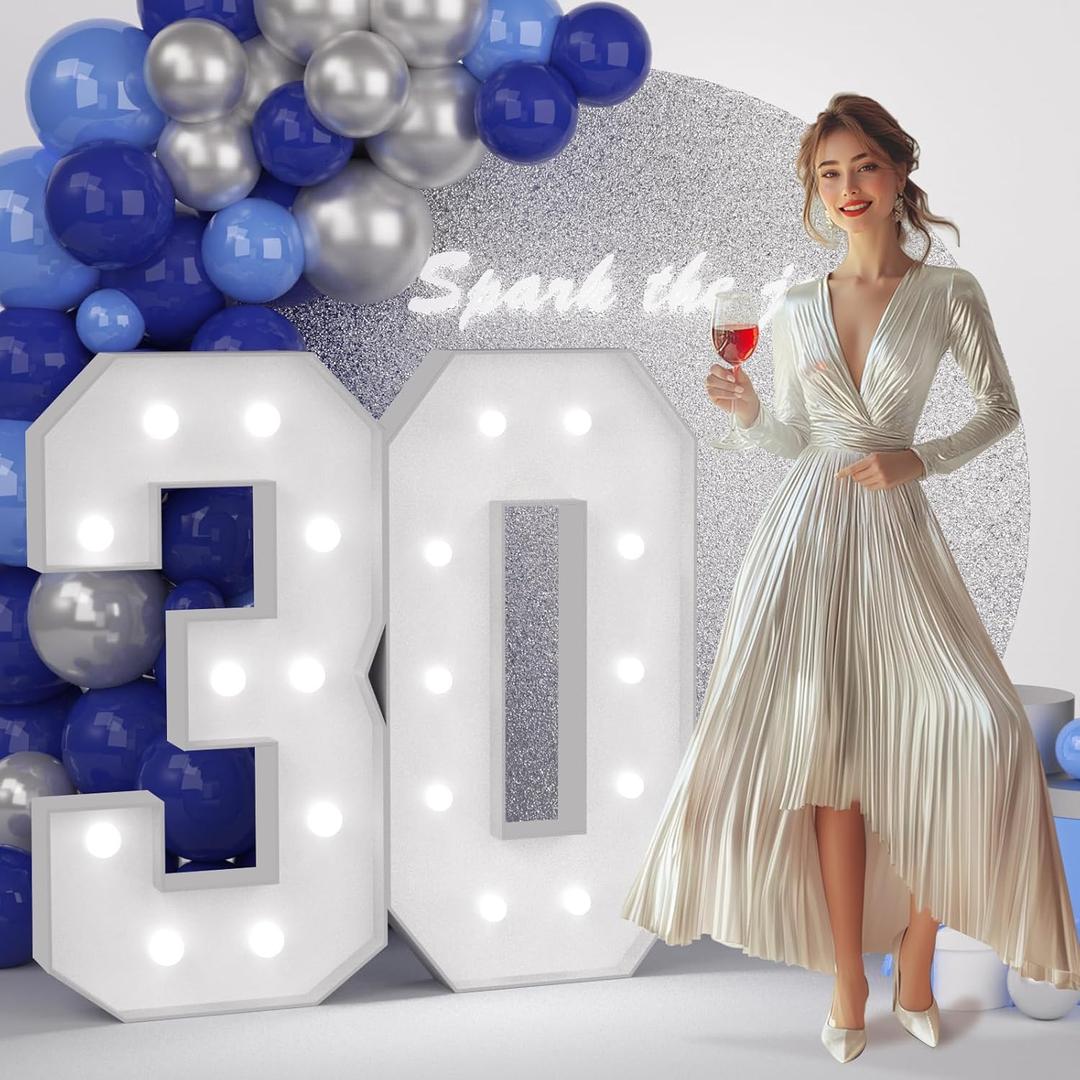 JoyMuse 4FT 30 Marquee Numbers, Large Light Up Numbers 30 for 30th Birthday Decorations Cool White Light Number 30 for Anniversary Birthday Party Decor