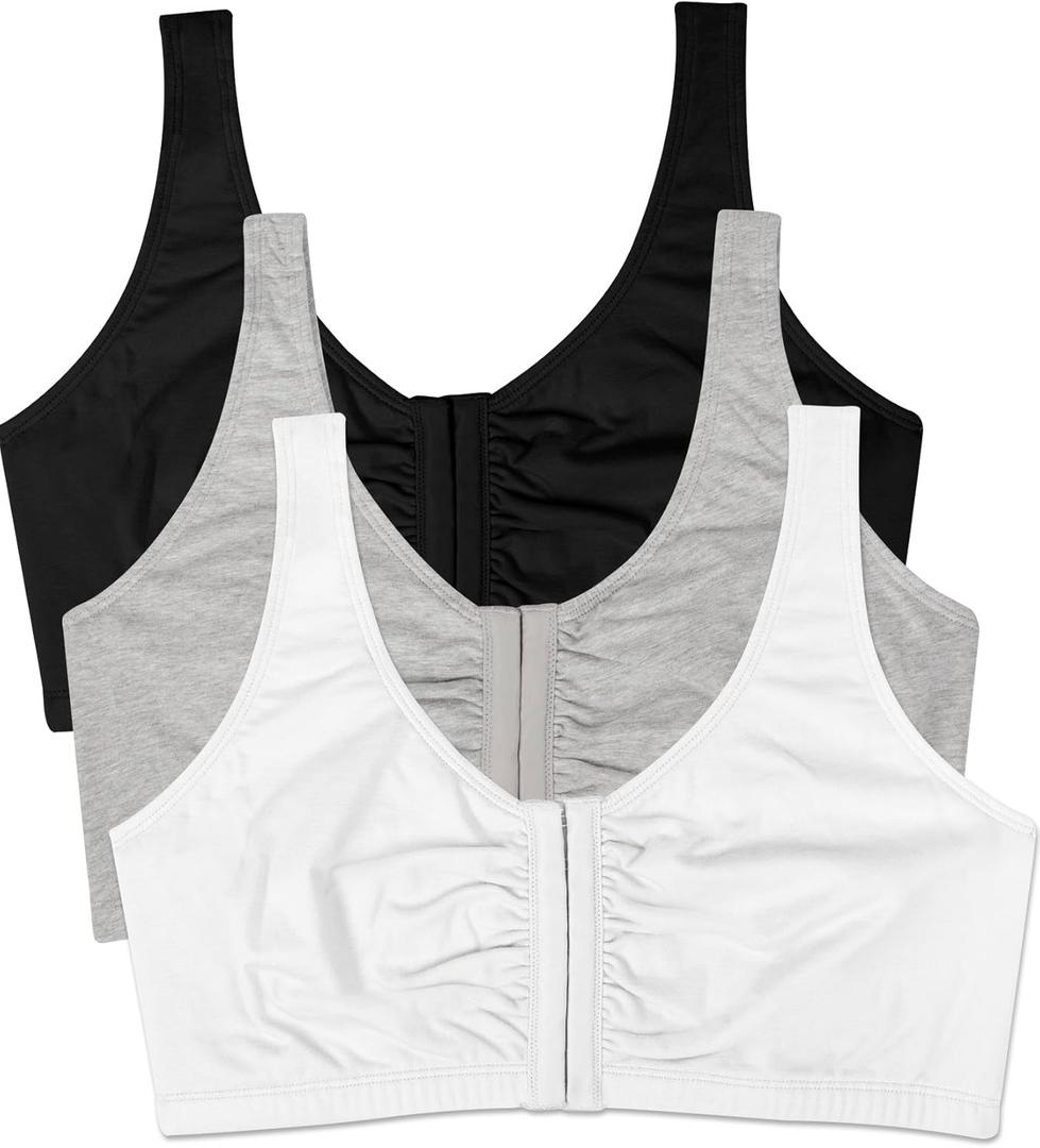 Fruit of the Loom Women's Front Close Sports Bra - Cotton Blend, Easy Fit & Built-Up Support (36, Black/White/Heather Grey 3-pack)