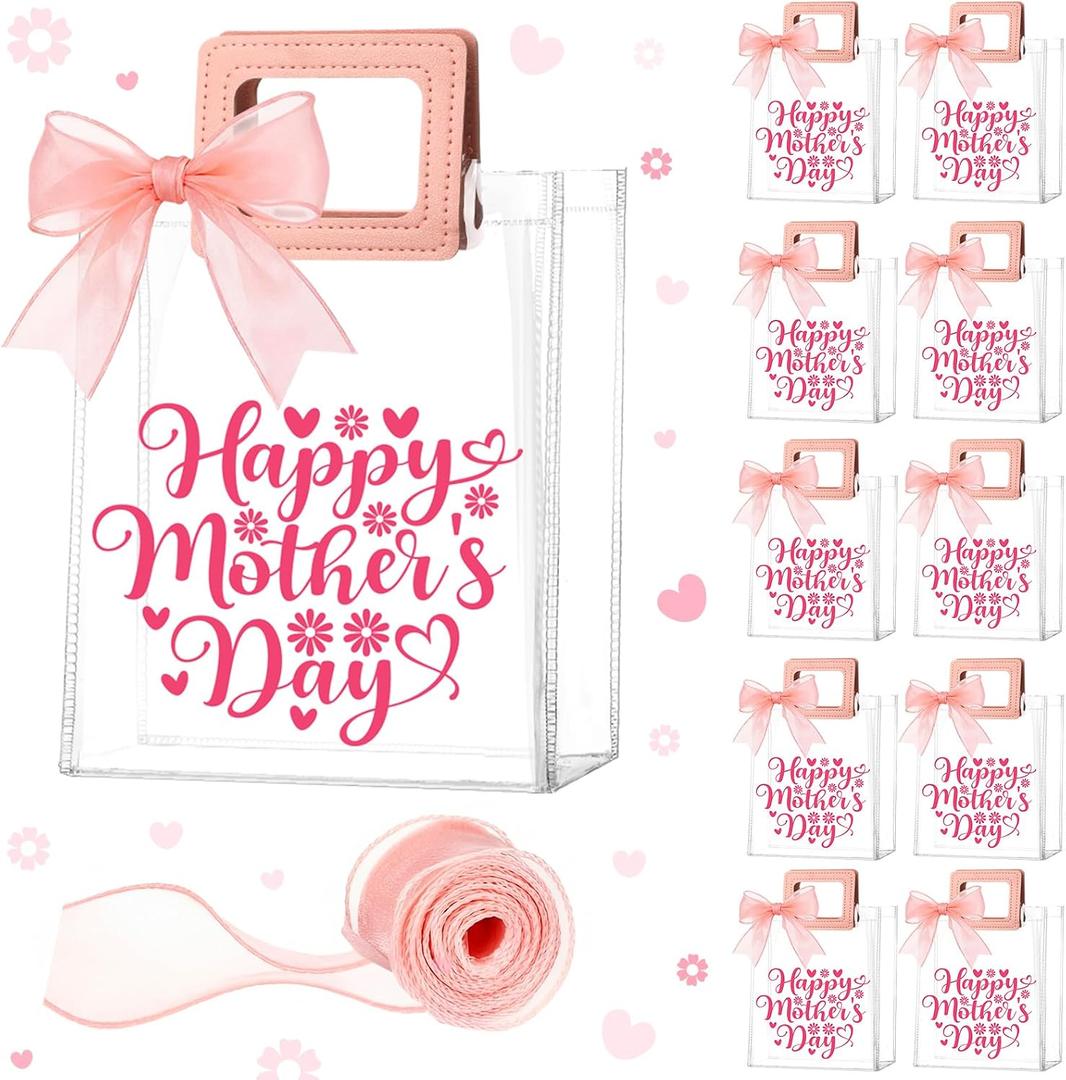 Gueevin 12 Pcs Mother's Day Gift Bags Pink Plastic Happy Mother's Day Clear Gift Bags with Handle and Sheer Ribbon 7 x 4 x 8 Inch Reusable Transparent PVC Totes for Her Mom Birthday Party Supplies