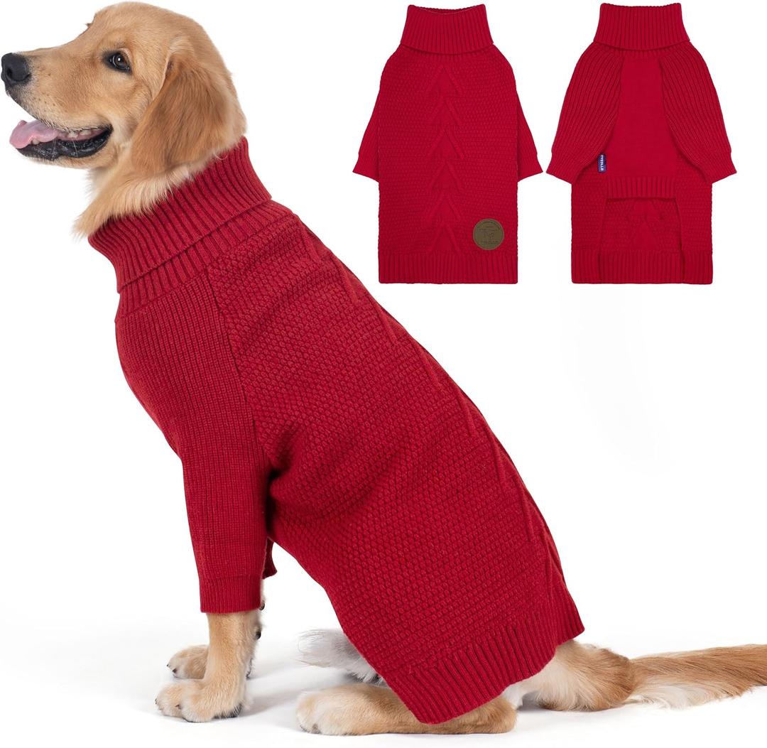 cyeollo Dog Christmas Sweater, Warm Stretchy Sweaters for Large Dogs Girl, Pullover Knitted Thermal Winter Big Dog Clothes with Sleeves, Turtleneck Pet Beagle Border Collie Apparel, Red, XL