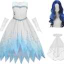 Zombie Bride Costume for Girls Halloween Dress up Outfits With Wigs and Hair Accessories (120(5-6T), White)