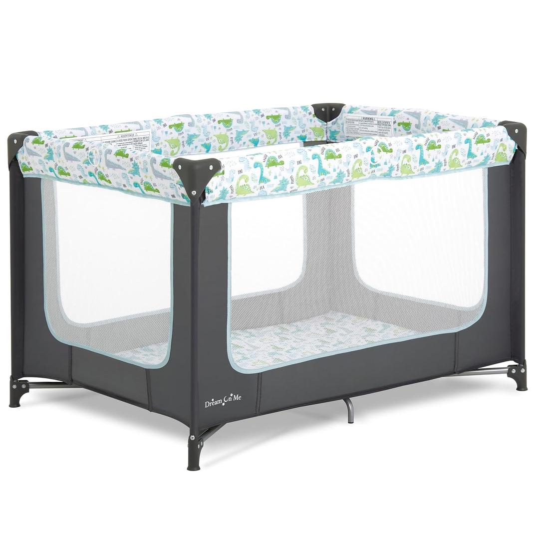 Dream On Me Zodiak Baby Playard, Breathable Mesh Sides, Soft Comfortable Mattress, Quick & Easy to Fold with Travel Carry Bag, Compact Space Saving Design - Grey/Green