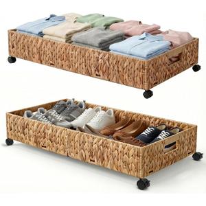 Under Bed Storage Containers with Wheels, 31.5 inch Large Capacity Handwoven Water Hyacinth Under Bed Shoe Storage, Tool-free Assembly Rolling Storage Organizer Drawer for Bedroom Clothes Shoes