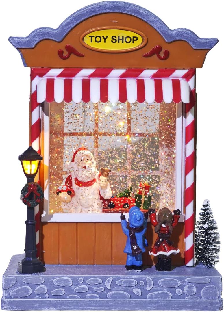 MerryPulse Christmas Snow Globes Musical Santa Snow Globe Lantern with Swirling Glitter, Lighted Snowglobe Music Box with 8 Songs for Christmas Decoration Gifts (TOY SHOP, Multicolor)