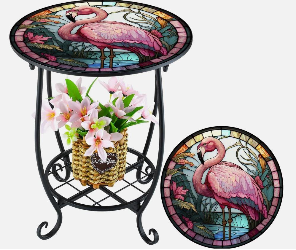 Outdoor Side Table Round Small Mosaic Patio Accent Indoor End Plant Metal Coffee Tea Table for Yard Porch Garden Patio Living Room, Bedroom (Swan Style, 14 Inch)