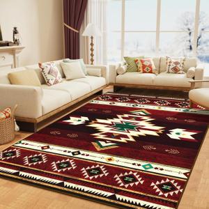 Western Rugs for Living Room, Non Slip Rustic Rug for Bedroom Dining Table Kitchen, Washable Aesthetic Area Rugs for Home Decor, 5ft x 7ft, Red