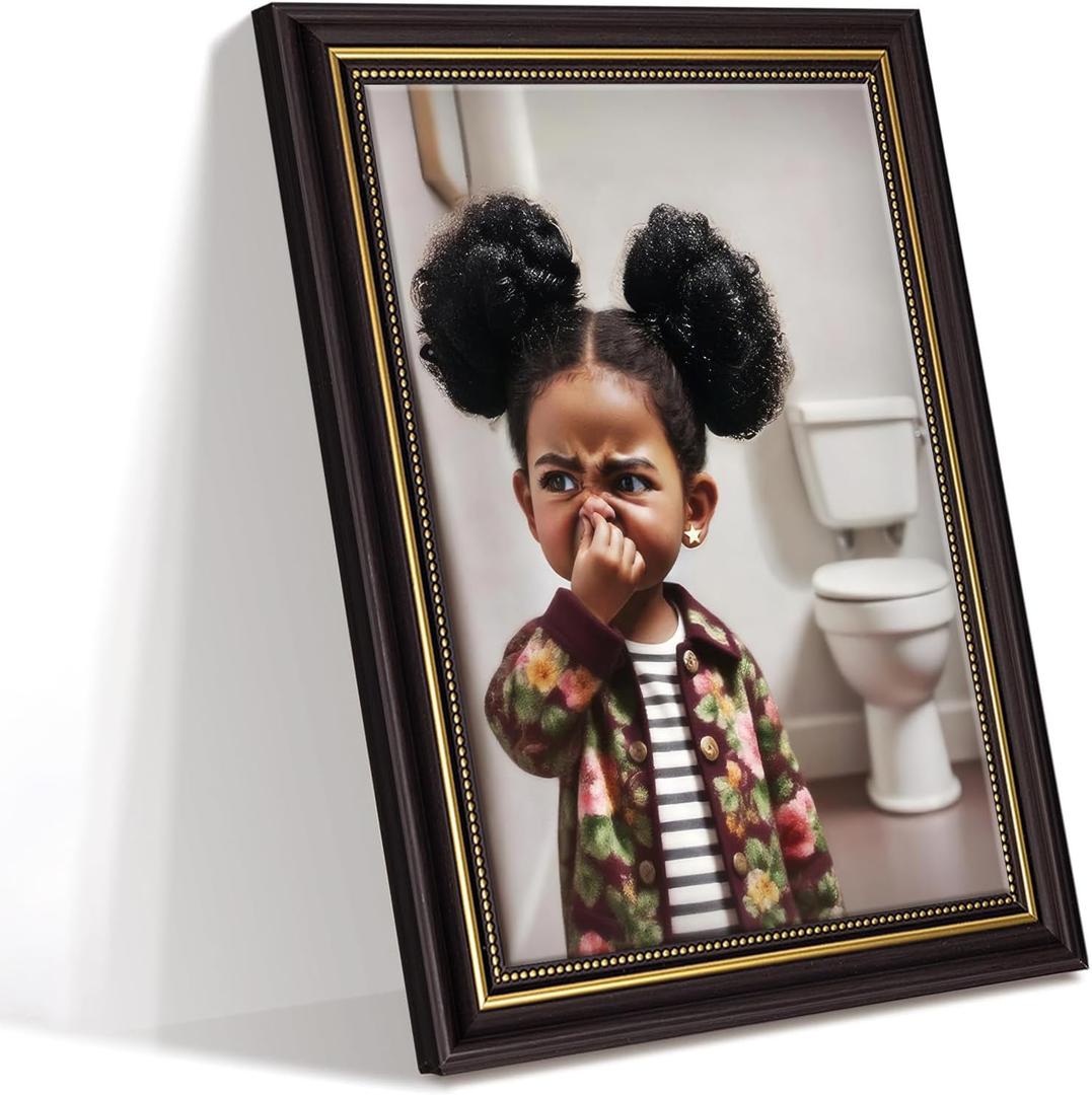 Framed Funny African American Kids Bathroom Canvas Wall Art Humor Cute Stank Face Black Girl Unpleasant Smell Cover Nose Painting Pictures Wall Decor Print Artwork for Washroom Toilet Decoration (16"L x 12"W)