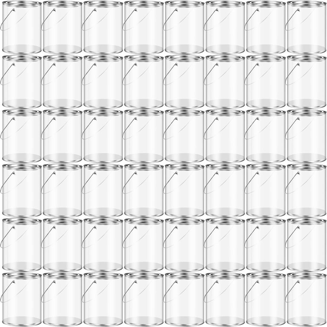 Yalikop 48 Pack Clear Paint Cans with Metal Lids, Plastic Empty Storage Bucket Paint Can Containers and Handle for Putting Candy, Party Favors Cans, Decor and DIY Projects (5 Inch Tall)