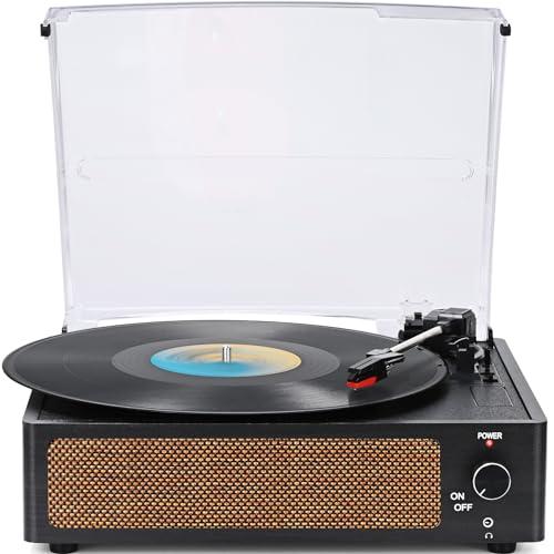 WOCKODER Vinyl Record Players Vintage Turntable with Speakers Belt-Driven Turn Tables Support 3-Speed, Bluetooth Wireless Playback, Headphone, AUX-in, RCA Line LP Phonograph Auto Stop Retro Black