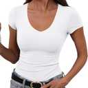 GEMBERA Womens' Stretchy V Neck Short Sleeve Form Fitted Casual Basic Top T-Shirts (Small)