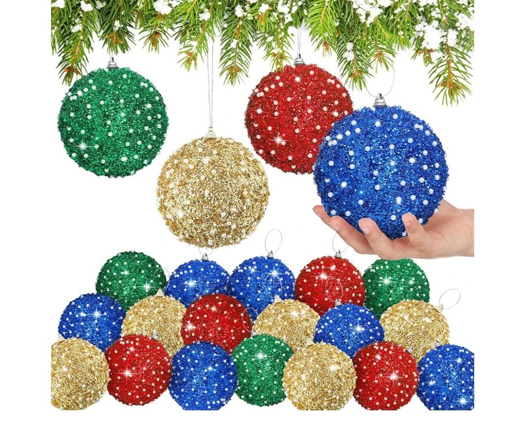 Lyrow 12 Pcs Glitter Christmas Ball Ornament Set Christmas Ball Bulk Xmas Sequin Foam Hanging Ornament Decorative Hanging for Tree Party Holiday Decor(Red, Blue, Green, Gold, Silver, Pink)