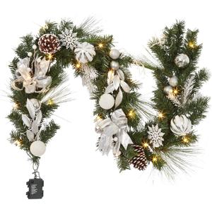 Adeeing Christmas Garland with Lights, 6 ft Pre-lit Silver White Christmas Garland with Ball Ornaments Pine Cones Berries Battery Operated Lights for Indoor Outdoor Fireplace Staircase Decoration