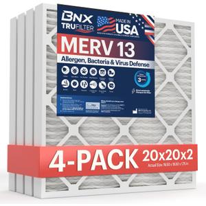 BNX TruFilter 20x20x2 Air Filter MERV 13 (4-Pack) - MADE IN USA - Electrostatic Pleated Air Conditioner HVAC AC Furnace Filters for Allergies, Pollen, Mold, Bacteria, Smoke, Allergen, MPR 1900 FPR 10