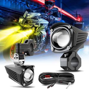 Motorcycle LED Driving Fog Lights 600% Brighter Dual Color with Strobe Modes Hanging Install Bike Auxiliary Light with Waterproof Wiring No/Off Control, ACC Power Anti-deficit Design, Pair