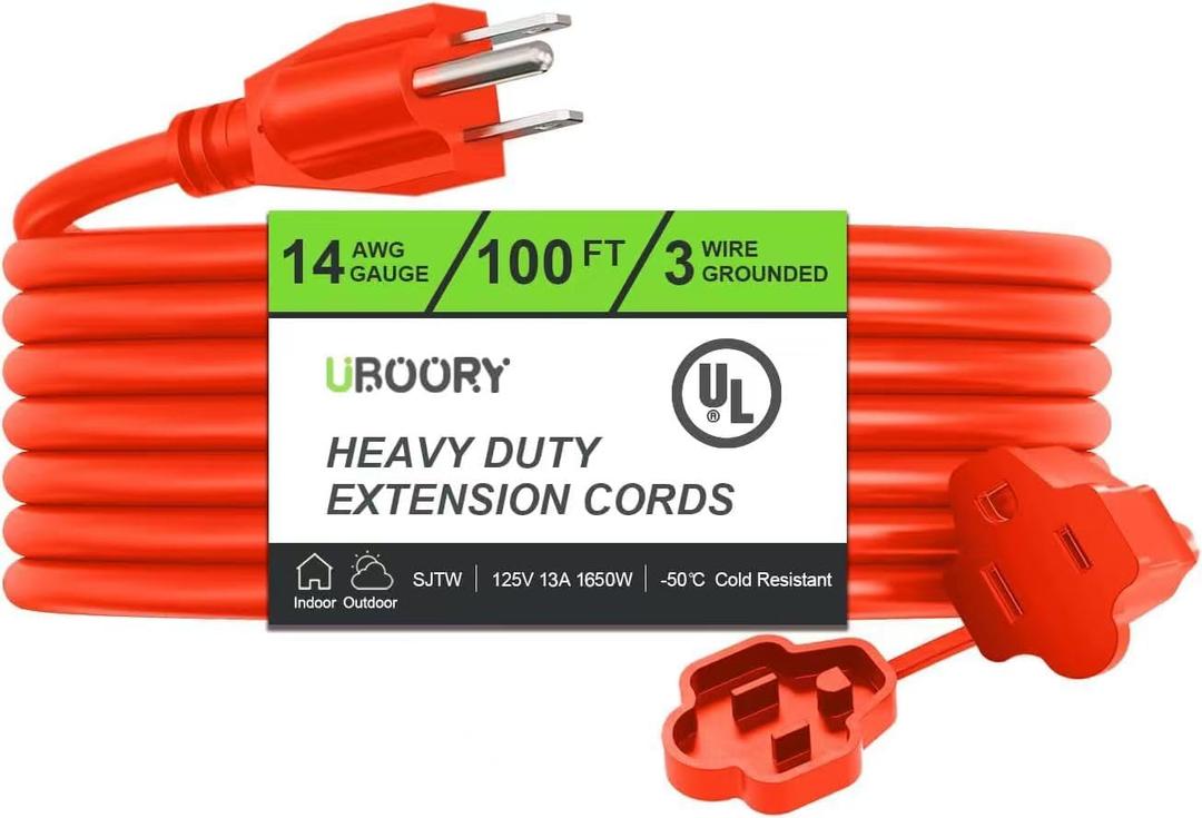 Outdoor Extension Cord Waterproof 100 FT, Orange 14/3 SJTW Heavy Duty, Flexible 100% Copper 3 Prong Extension Cord for Lawn, Garage,UL Listed