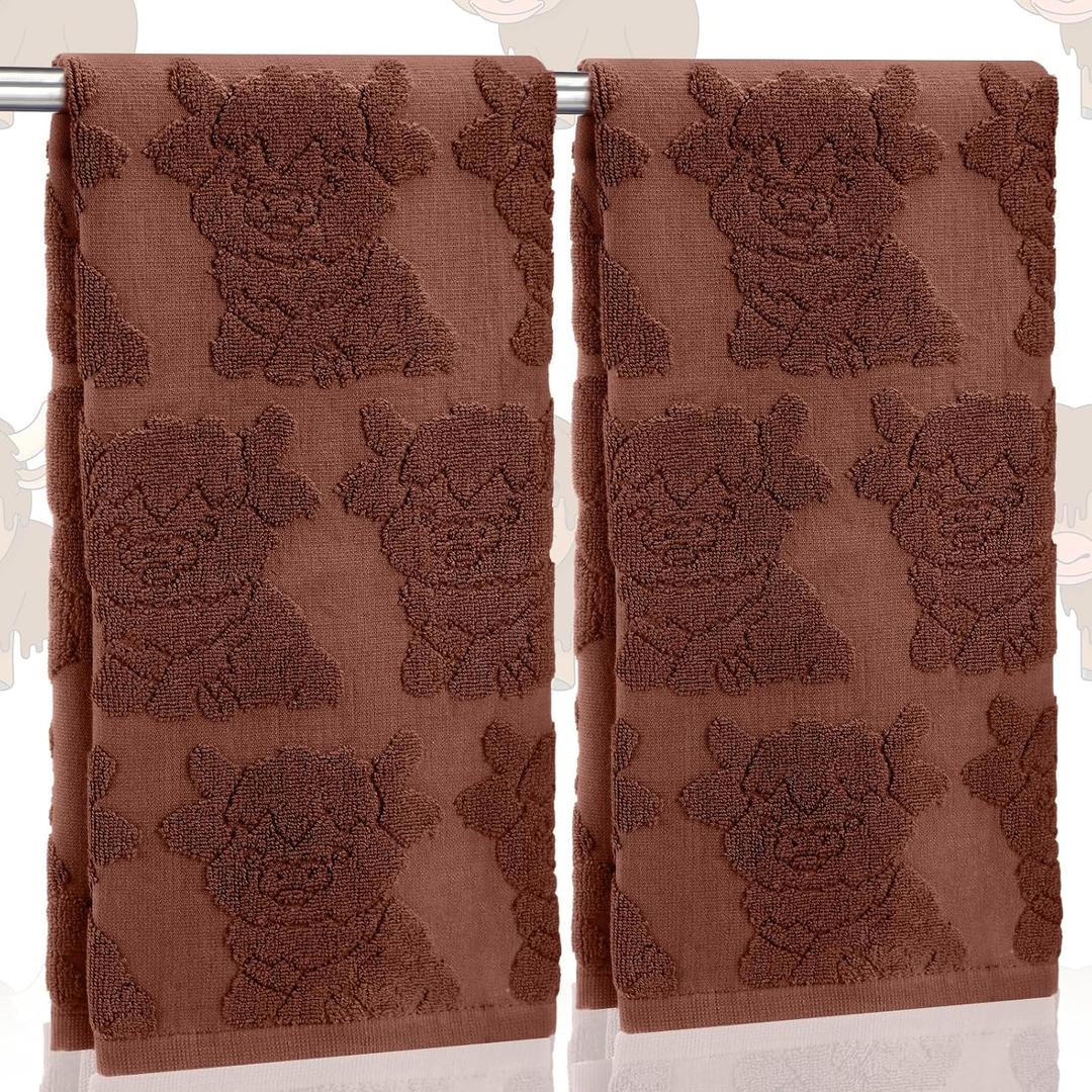 SmoothNovelty 2 Pcs 3D Highland Cow Hand Towels Bathroom Decor Dark Brown 100% Cotton Absorbent Jacquard Weave Decorative Towels for Bathroom Kitchen Highland Cow Gift, 14 x 29 Inches