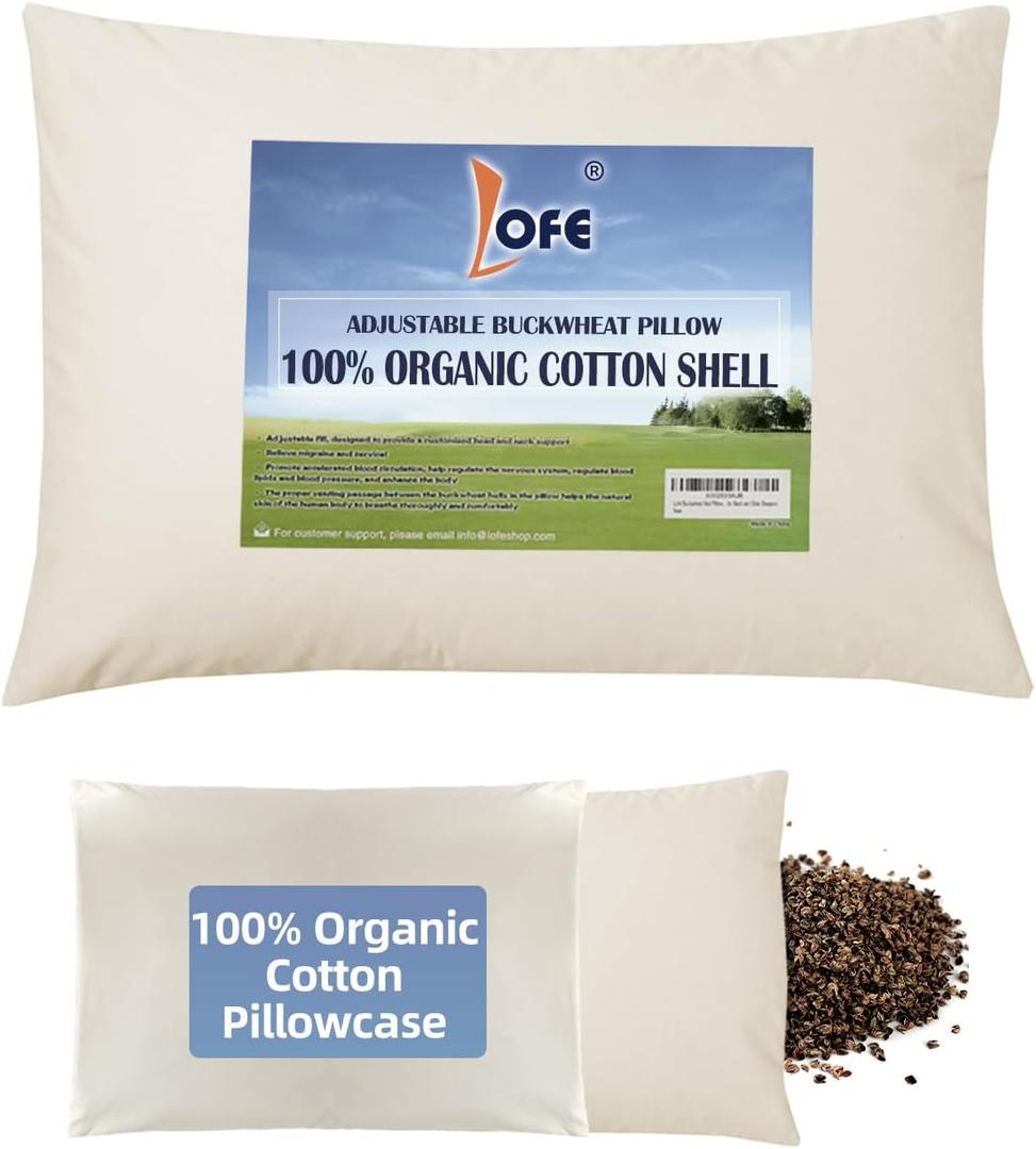 LOFE® Organic Buckwheat Pillow for Sleeping with Organic Cotton Pillowcase - 16''x22'', Adjustable Loft, Breathable for Cool Sleep, Cervical Support for Back and Side Sleeper(Tartary Buckwheat Hulls)