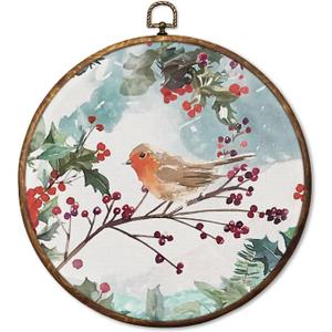 HUGANE Vintage Rustic Winter Bird Round Wall Art Decor, Farmhouse Cozy Snow Seasonal Birding Hanging Canvas Framed Prints Wall Sculptures for Home Bedroom Living Room Decor, 10x10 Inch (dadongt-2)