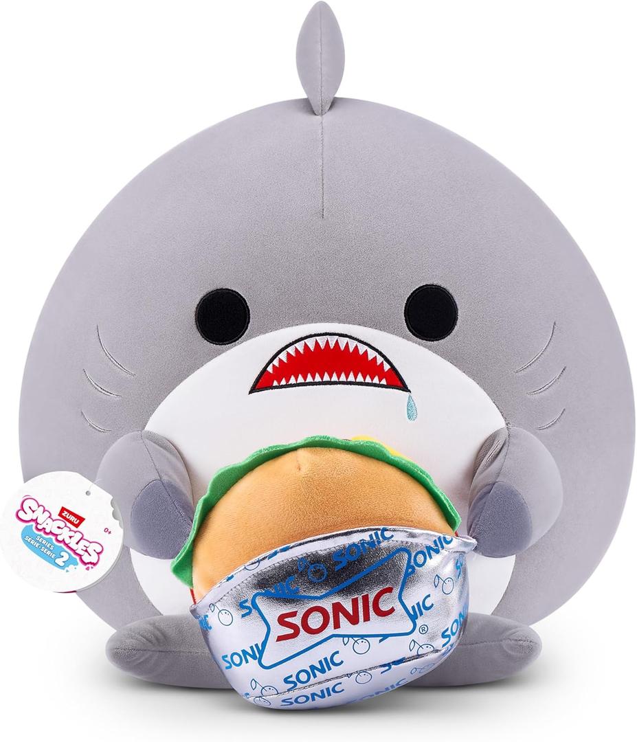 Snackles Series 2 16-inch by ZURU Cuddly Squishy Comfort 16-inch Plush with Licensed Snack Brand Accessory (Shark&Sonic Burger)