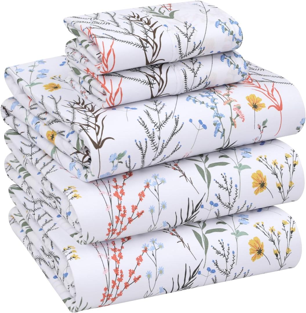 RUVANTI 100% Cotton Split King Sheets Sets for Adjustable Bed, 5 PCs, Soft & Breathable Percale Weave Bedding, Deep Pocket 16", Hotel Standard, Crisp Cool Feel & Durable, Floral Sheet, Aroma
