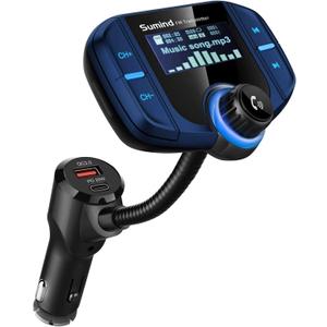 Sumind 2026 Upgraded Wireless Bluetooth Car Adapter FM Transmitter, 1.7'' LCD Display, Flexible Gooseneck, 20W QC3.0&Dual USB Ports, AUX Input/Output for Hands-Free Call, Micro/TF Card(Blue,PD)
