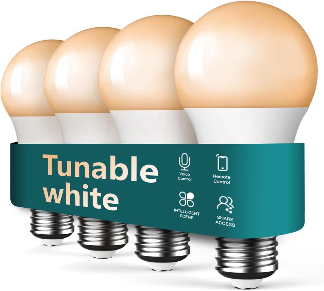 TREATLIFE Smart Light Bulbs 4Pack, 2500K-6500K Tunable White Dimmable LED Light Bulb Compatible with Alexa and Google Home, 2.4GHz WiFi Smart Bulb, 800LM, E26 A19 9W, No Hub Required