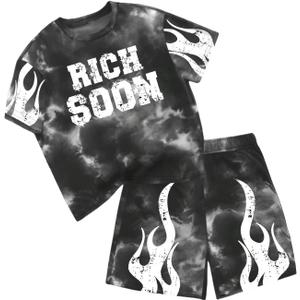 Boy's 2 Piece Vintage Summer Outfits Tie Dye Graphic Tees and Shorts Set Casual Streetwear 14Y