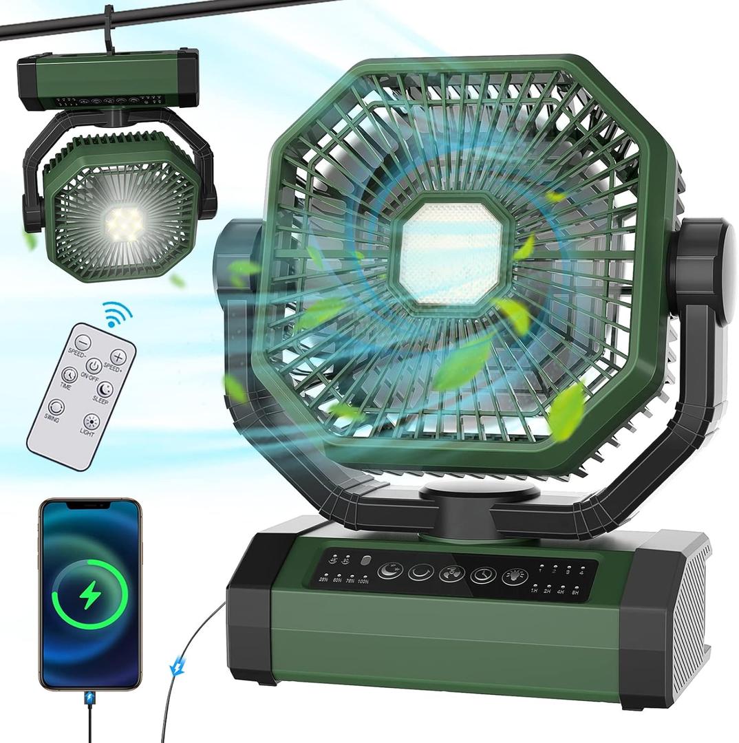 Rechargeable Auto Oscillating Fan with Remote & Timer & LED Light, 9-Inch 20000mAh Battery (70Hrs), Portable USB Fan for Camping, Travel, Worksite & Strong Hurricanes
