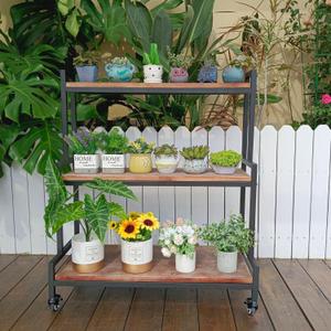 Rustic Plant Stand with Wheels 37 H, Rolling Plant Shelves Rack Indoor Outdoor,Metal Plant Stand with Solid Wood for Multiple Plants,Industrial Ladder Plant Flower Shelf for Garden,Living Room,Brown