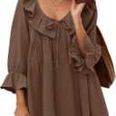 ZESICA Womens Scoop Neck 3/4 Length Sleeve Tops 2026 Casual Tie Front Ruffle Tiered Loose Tunic Shirts Blouses Fall Outfits (X-Large, Brown)