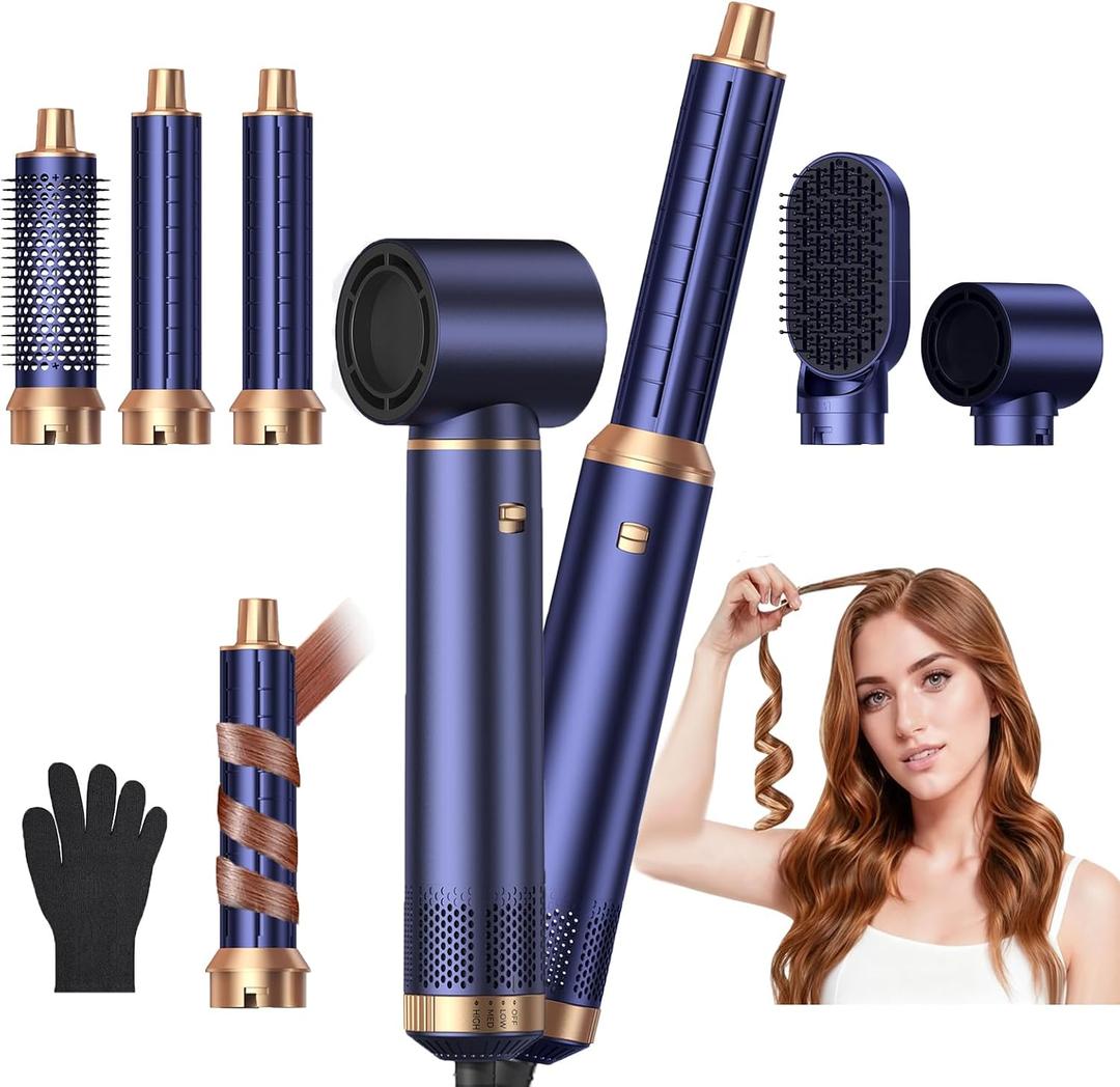 5 in 1 Blow Dryer Brush, Upgrade Hair Dryer Brush Air Curler Air Curling Wrap Styler, Detachable Hot Air Brush Negative Ion Curling Brush Iron, Hair Styling Tools for Drying Curling Straightening (Royal Blue)