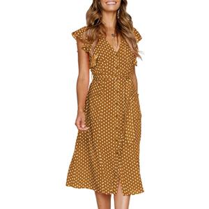 MITILLY Women's Boho Polka Dot Flutter Short Sleeve V Neck Button Down Swing Midi Dress with Pockets (X-Large, 08 Brown)