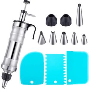 Patelai Cake Decorating Syringe Set, Stainless Steels Dessert Frosting Piping Kit with 6 Icing Piping Tips 3 Cream Scraper for Cupcake Decorating Tools(Black, Blue)