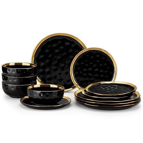 LOVECASA 11 Pieces Plates and Bowls Sets, Porcelain Black and Gold Dinnerware Sets, Round Dinner Plates Dishes Set Service for 4, Dishwasher Safe and Scratch Resistant, Black