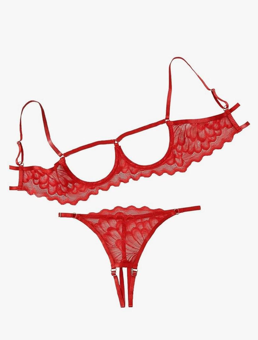 Lilosy Sexy Underwire Floral Lace Sheer Lingerie Set for Women See Through Bra and Panty 2 Piece L