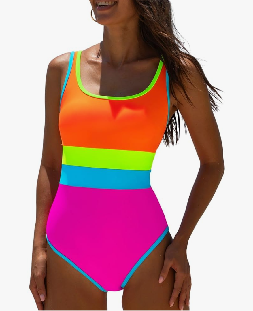 popvil One Piece Swimsuit Tummy Control Womens Bathing Suits Modest Curvy Neon Sexy Sport Swimwear, Size M