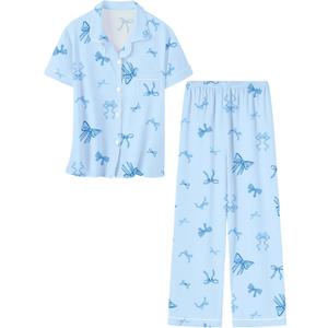 Umeyda Girls Pajamas Set Button Down Notch Collar Soft Short Sleeve Pjs Set with Long Pant Set Lounge Set (11-12 Years, A Blue Bow Tie)