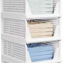 5 Pack Stackable Closet Organizer Box - Stackable Storage Bins, Plastic Storage Basket Foldable Closet Storage Basket for Wardrobe Cupboard Kitchen Bathroom Officem, White (5 Pack White)