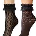 Lace Ruffle Frilly Socks for Women Fashion Ladies Princess Lace Ankle Socks | Elegant,Soft, Fishnet design,Delicated Ruffled Lace Trim (Black, XL)