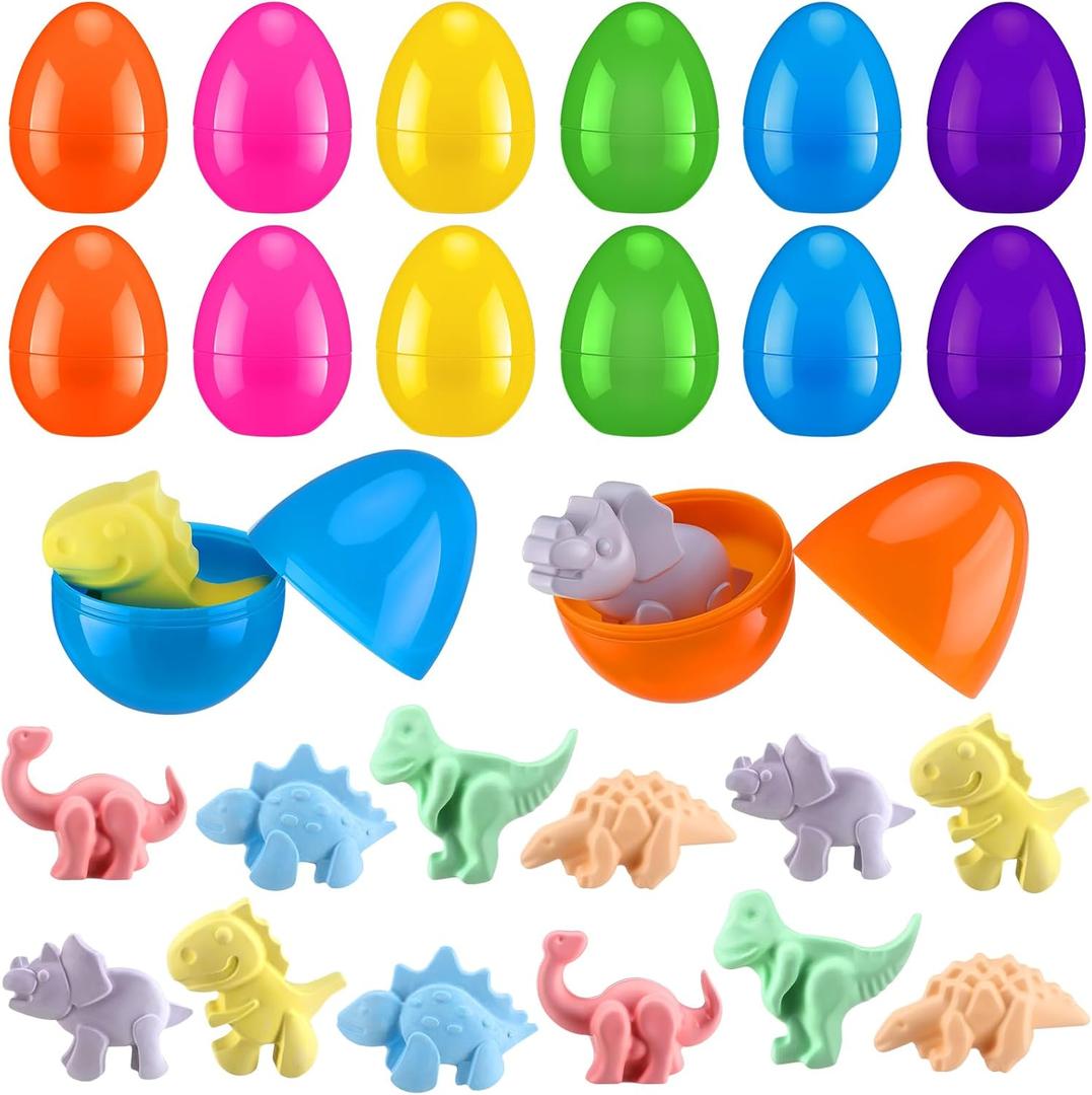 RoundFunny 24 Pcs Dinosaur Chalk with Easter Eggs Washable Sidewalk Dinosaur Chalk Plastic Surprise Eggs Goodie Bag Stuffers for Easter Hunt Basket Stuffers Outdoor Home Party Gift Favor