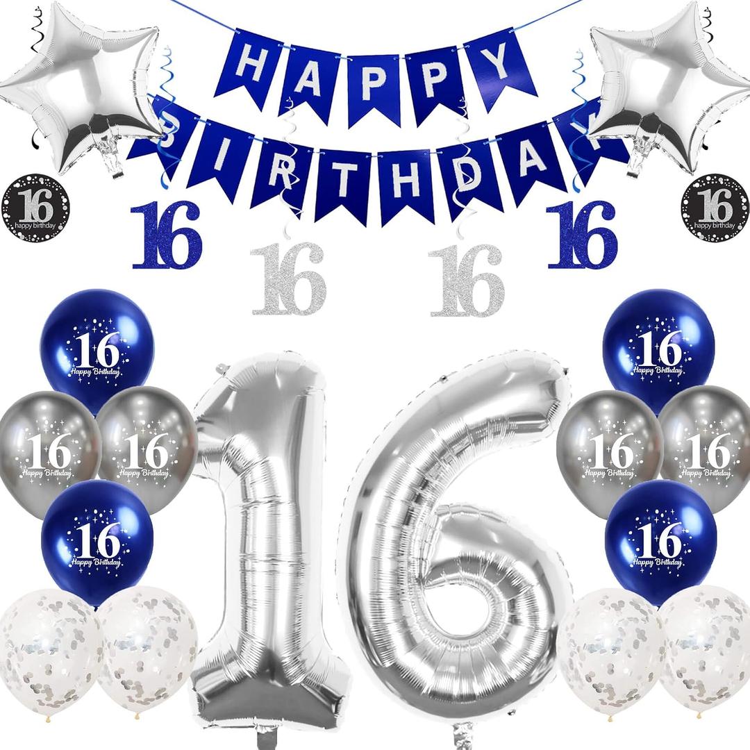 2 x Silver 16th Birthday Decorations Kit for Teens, Includes 32 Inch Number 16 Foil Balloon, Swirl Decorations, Happy Birthday Banner, Star Foil & 12pcs Confetti Balloons for Sweet Sixteen Party