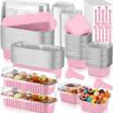 LemonRoad 120 Sets Mini Loaf Pan with Lids and Spoons 6.8oz Rectangular Aluminum Foil Bread Pan 5oz Square Cake Cup with Decal Disposable Baking Supply for Graduate Wedding Birthday (Pink)