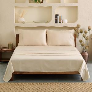 Certified Supima Cotton Full 4-Piece Sheet Set|with Fiber Coin for genuity|100% America Grown Cotton|15 Inch Deep Pocket|Ultrasoft & durableVibrant Color & Strong Fiber|Sateen Weave (Biege)